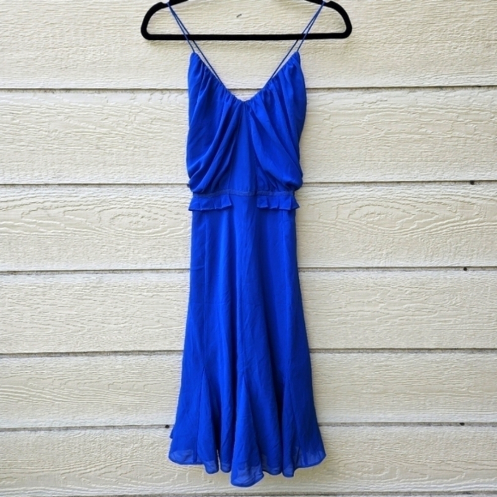 Club Monaco blue chiffon fluted hem open back cocktail dress size 4